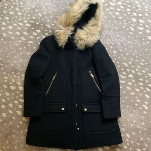 J Crew Stadium Cloth Parka fur trim size 2 black